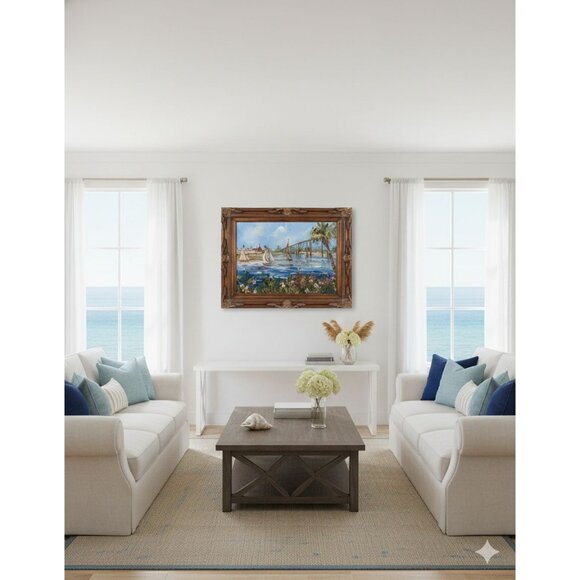 Original Oil Painting Jay Bird XL San Diego Hotel Del Coronado Seascape Framed - Picture 2 of 7